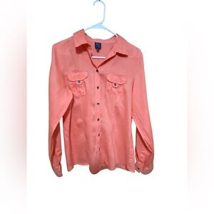 Blue Vintage Coral Orange Linen Top Shirt Size Medium Button Front Long Sleeve